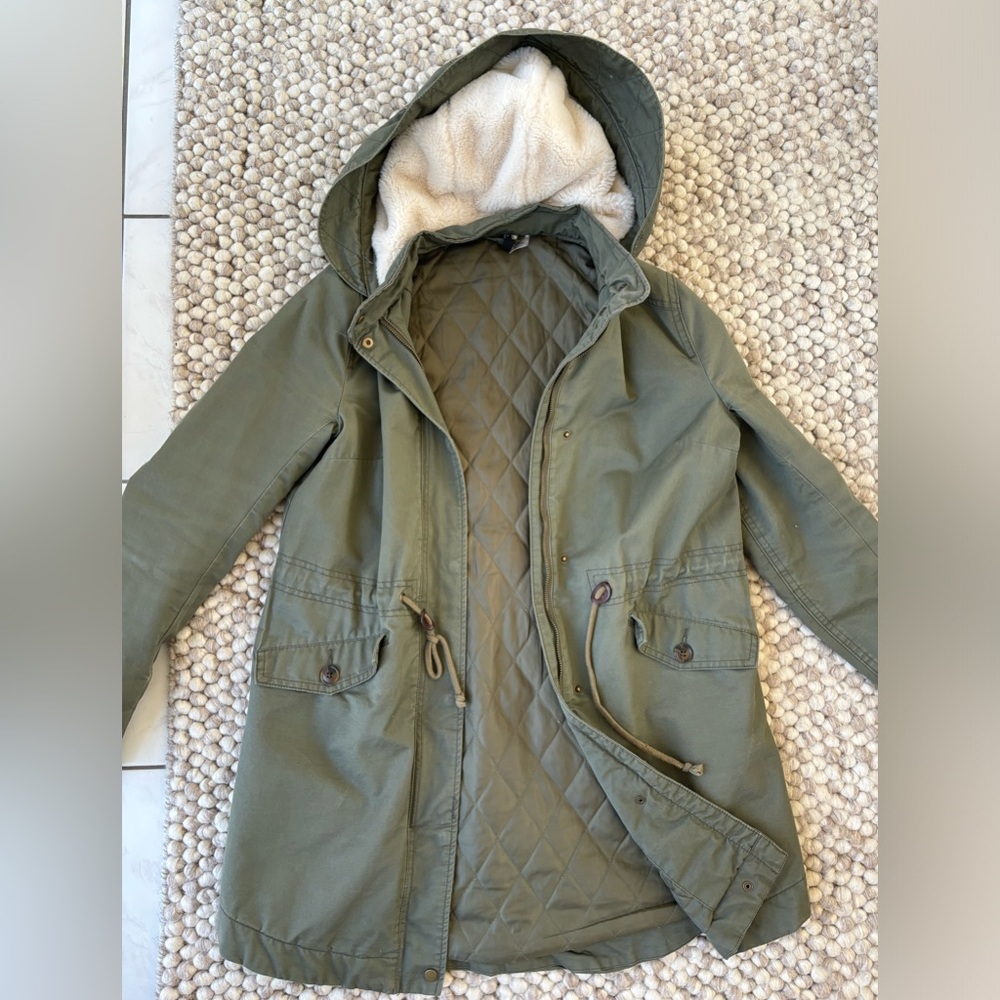 H&M Padded Parka with Hood in Dark Khaki Green